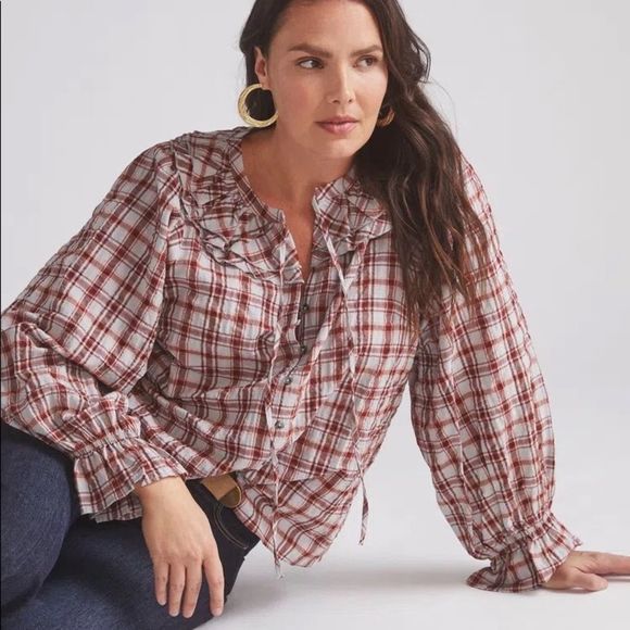 Anthropologie Maeve Ruffled Plaid Buttondown Red Mottif NWT M - Picture 11 of 12